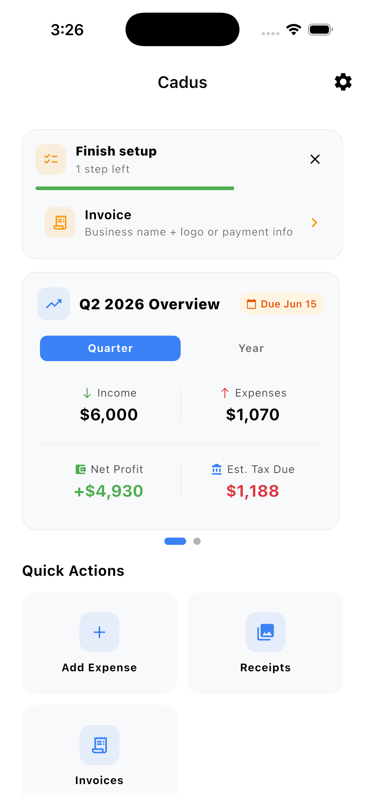 Cadus expense tracker dashboard showing income, expenses, receipts, and tax summary